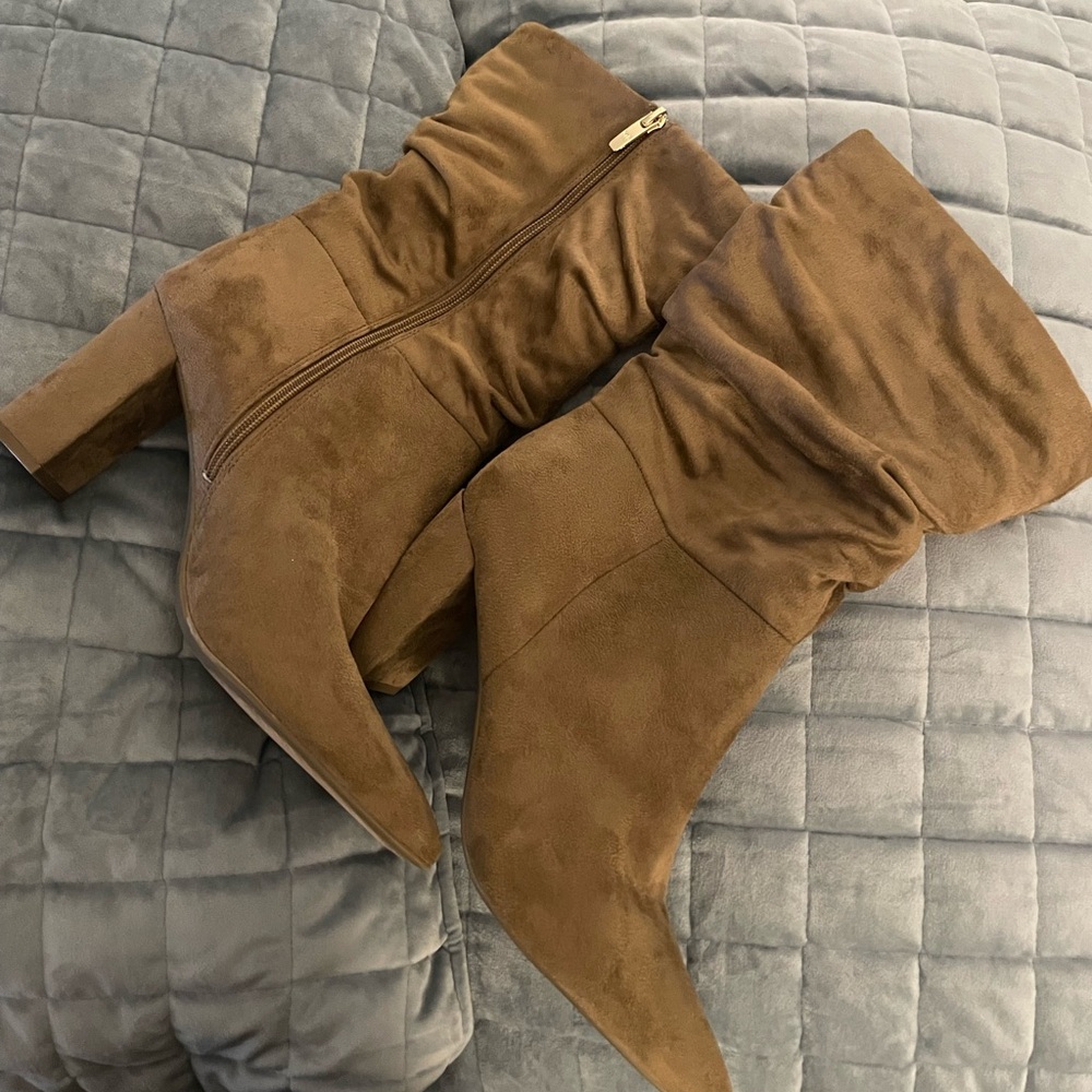 Marc Fisher Brown Micro Suede Slouch Pointed-Toe Mid-Calf Heeled Boots